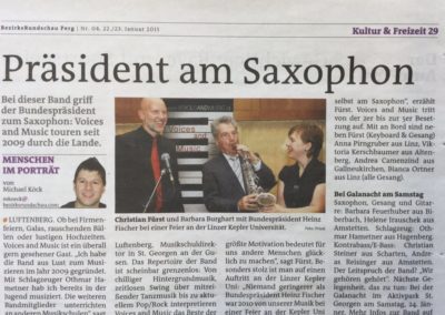 Bezirksrundschau Perg OÖ, Bundespräsident Fischer am Saxofon mit Liveband Voices And Music, Kepler Uni Linz, Christian Fürst, Barbara Burghart