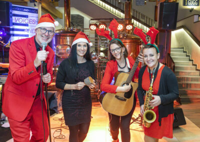 Lustige Weihnachtsparty für Firma Hawle, Sängerin, Keyboardspieler, Klavier, Saxofon, Gitarre, Sänger, Bierkessel, Gasthaus Gugg, Gampern, Scheinwerfer, Bühne,